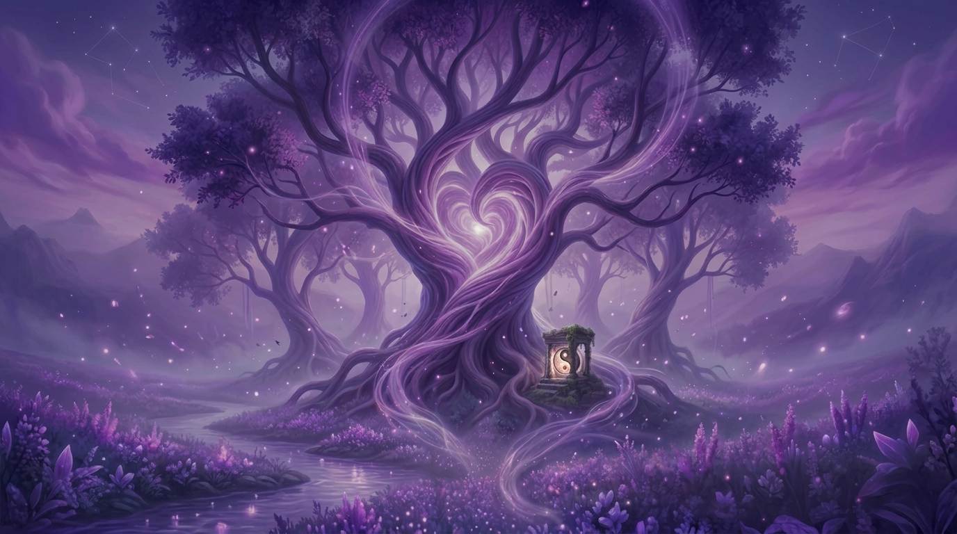 A mystical purple tree with swirling branches forming a heart shape, surrounded by magical sparkles and ethereal light